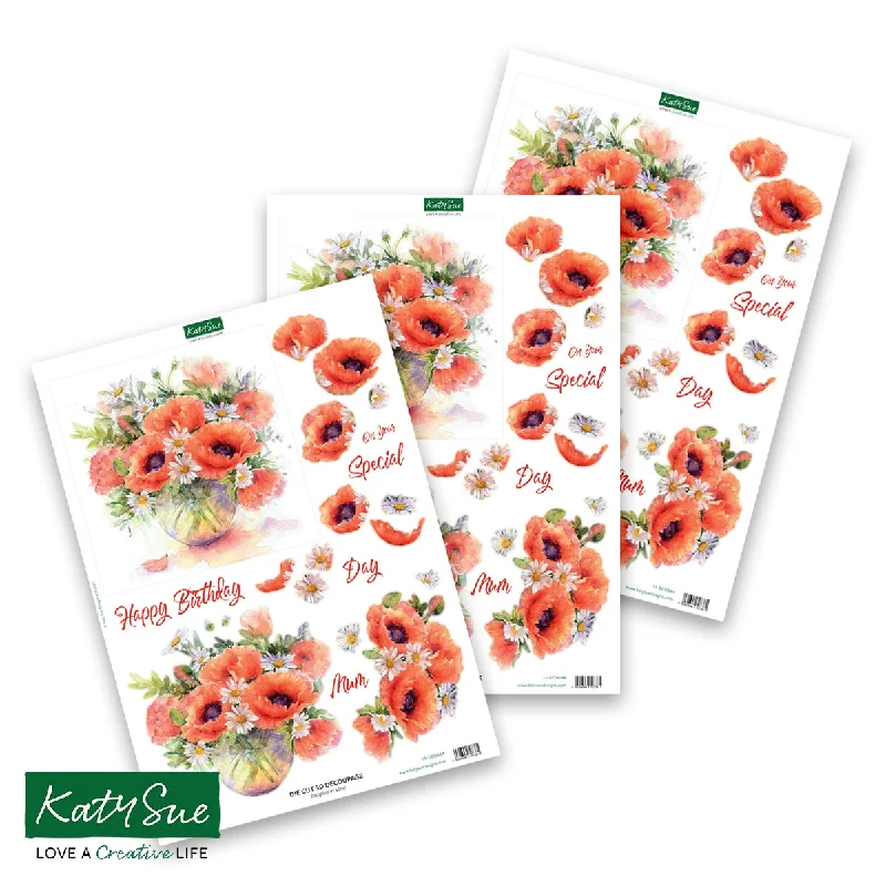 Die Cut Decoupage – Poppies in Vase (pack of 3)