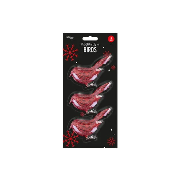 Red Glitter Clip On Birds 3 Pack